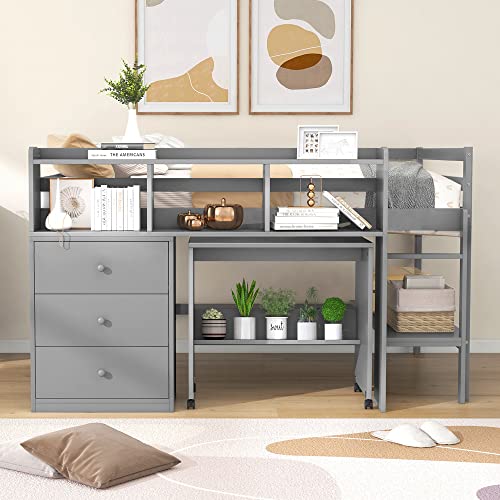 Low Full Loft Bed with Desk and Storage Drawers Wood Kids Loft Beds Frame with Storage Shelves & Rolling Portable Desk for Juniors, Teen, Boys, Girls, Full Size, Gray