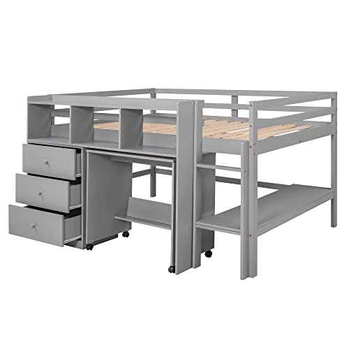 Low Full Loft Bed with Desk and Storage Drawers Wood Kids Loft Beds Frame with Storage Shelves & Rolling Portable Desk for Juniors, Teen, Boys, Girls, Full Size, Gray