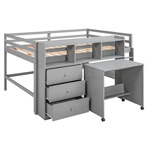 Low Full Loft Bed with Desk and Storage Drawers Wood Kids Loft Beds Frame with Storage Shelves & Rolling Portable Desk for Juniors, Teen, Boys, Girls, Full Size, Gray