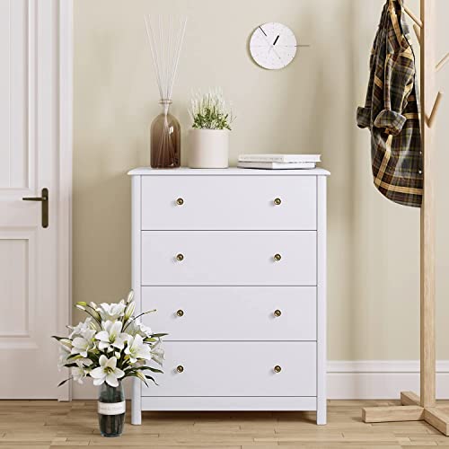 Dresser Chest of Drawers, Bedroom Dresser with 4 Drawers, Modern Wood Storage Tower Unit, Ideal for Nursery, Toddlers Room, Kids Room, White