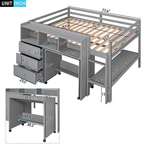 Low Full Loft Bed with Desk and Storage Drawers Wood Kids Loft Beds Frame with Storage Shelves & Rolling Portable Desk for Juniors, Teen, Boys, Girls, Full Size, Gray
