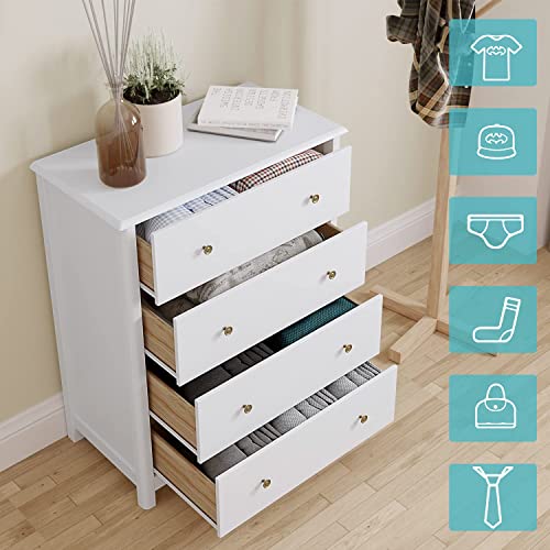 Dresser Chest of Drawers, Bedroom Dresser with 4 Drawers, Modern Wood Storage Tower Unit, Ideal for Nursery, Toddlers Room, Kids Room, White