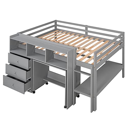 Low Full Loft Bed with Desk and Storage Drawers Wood Kids Loft Beds Frame with Storage Shelves & Rolling Portable Desk for Juniors, Teen, Boys, Girls, Full Size, Gray
