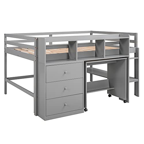 Low Full Loft Bed with Desk and Storage Drawers Wood Kids Loft Beds Frame with Storage Shelves & Rolling Portable Desk for Juniors, Teen, Boys, Girls, Full Size, Gray