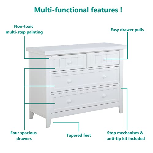 Dream On Me Maple Double Dresser, Kids Bedroom Dresser, Four Drawers Dresser, Farmhouse Modern, French White