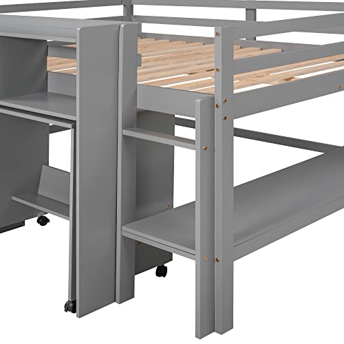 Low Full Loft Bed with Desk and Storage Drawers Wood Kids Loft Beds Frame with Storage Shelves & Rolling Portable Desk for Juniors, Teen, Boys, Girls, Full Size, Gray