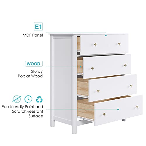 Dresser Chest of Drawers, Bedroom Dresser with 4 Drawers, Modern Wood Storage Tower Unit, Ideal for Nursery, Toddlers Room, Kids Room, White