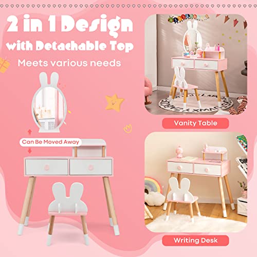 KOTEK Kids Vanity Set with Mirror, Wooden Princess Makeup Dressing Table with Stool, 2 Storage Drawers & Display Shelf, Girls Pretend Play Vanity for Toddler (White)