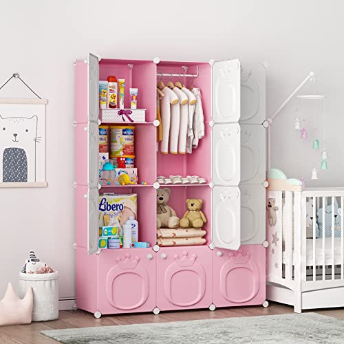 MAGINELS Kids Closet Baby Wardrobe Dresser for Kids Bedroom Nursery Armoire Clothes Hanging Closet with Doors, Pink, 12 Cubes