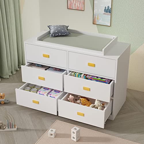AIEGLE Baby Dresser for Nursery with 6 Drawers & Changing Table Top, Nursery Dresser Chest of Drawers for Kids Bedroom, Wood Nursery Storage Organizer in White (45.1" L x 18.9" W x 32.9" H)