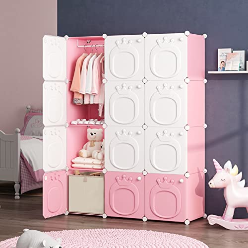 MAGINELS Kids Closet Baby Wardrobe Dresser for Kids Bedroom Nursery Armoire Clothes Hanging Closet with Doors, Pink, 12 Cubes