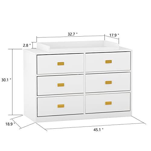 AIEGLE Baby Dresser for Nursery with 6 Drawers & Changing Table Top, Nursery Dresser Chest of Drawers for Kids Bedroom, Wood Nursery Storage Organizer in White (45.1" L x 18.9" W x 32.9" H)