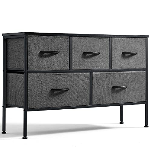 LINSY HOME 5 Drawer Dresser Long Wide Chest of Drawers Nightstand with Wood Top Rustic Storage Tower Storage Dresser Closet for Living Room, Bedroom, Hallway, Nursery, Kid