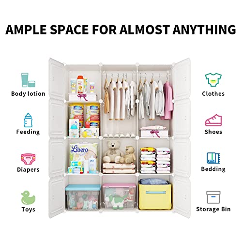 MAGINELS Kids Closet Baby Wardrobe Dresser for Kids Bedroom Nursery Armoire Clothes Hanging Closet with Doors, Pink, 12 Cubes