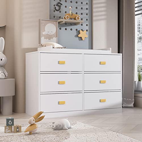 AIEGLE Baby Dresser for Nursery with 6 Drawers & Changing Table Top, Nursery Dresser Chest of Drawers for Kids Bedroom, Wood Nursery Storage Organizer in White (45.1" L x 18.9" W x 32.9" H)