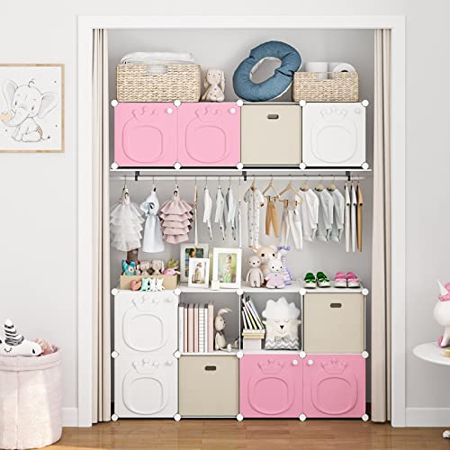 MAGINELS Kids Closet Baby Wardrobe Dresser for Kids Bedroom Nursery Armoire Clothes Hanging Closet with Doors, Pink, 12 Cubes
