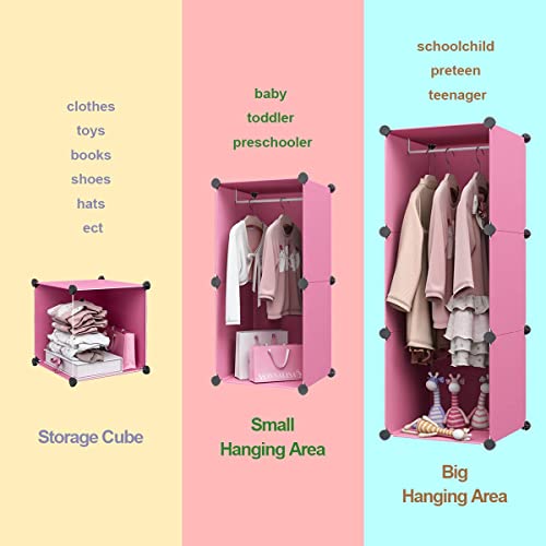 MAGINELS Kids Closet Baby Wardrobe Dresser for Kids Bedroom Nursery Armoire Clothes Hanging Closet with Doors, Pink, 12 Cubes