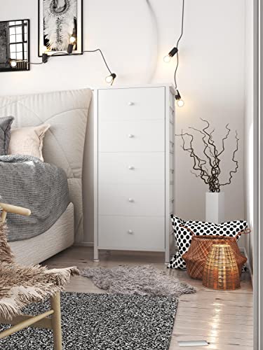 BOLUO Tall White Dresser for Bedroom 5 Drawer Dressers & Chests of Drawers Fabric Dresser Storage Tower for Closet Kids and Adult Modern
