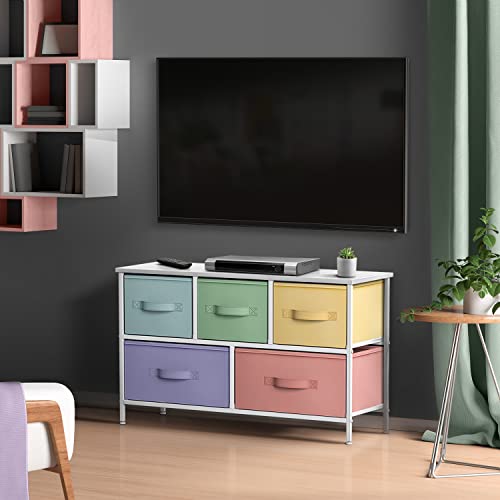 Sorbus Kids Dresser with 5 Drawers - Storage Chest Organizer Unit with Steel Frame, Wood Top, Easy Pull Fabric Bins - Long Wide TV Stand for Bedroom Furniture, Hallway, Closet & Office Organization