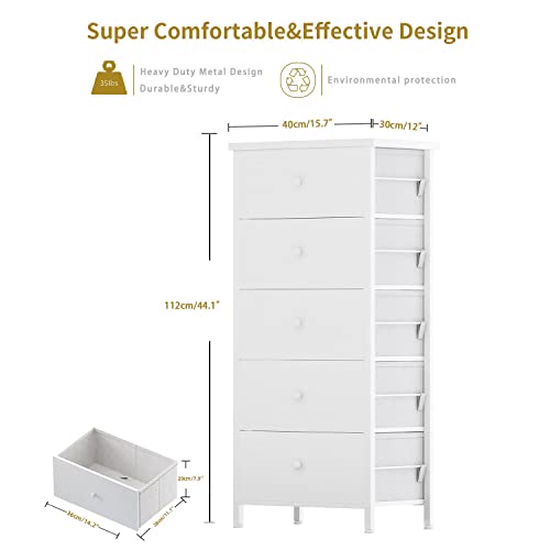 BOLUO Tall White Dresser for Bedroom 5 Drawer Dressers & Chests of Drawers Fabric Dresser Storage Tower for Closet Kids and Adult Modern