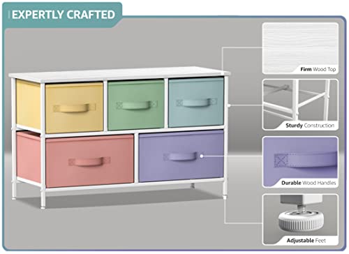 Sorbus Kids Dresser with 5 Drawers - Storage Chest Organizer Unit with Steel Frame, Wood Top, Easy Pull Fabric Bins - Long Wide TV Stand for Bedroom Furniture, Hallway, Closet & Office Organization