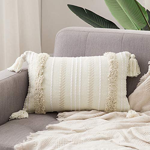 MIULEE Decorative Throw Pillow Cover Tribal Boho Woven Tufted Pillowcase with Tassels Super Soft Pillow Sham Cushion Case for Sofa Couch Bedroom Car Living Room 12X20 Inch Cream White