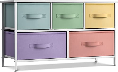 Sorbus Kids Dresser with 5 Drawers - Storage Chest Organizer Unit with Steel Frame, Wood Top, Easy Pull Fabric Bins - Long Wide TV Stand for Bedroom Furniture, Hallway, Closet & Office Organization