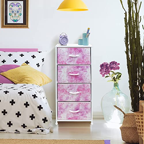 Sorbus Dresser Storage Tower, Organizer Drawers for Closet Boys & Girls Bedroom, Bedside Furniture, Chest for Home, College Dorm, Steel Frame, Wood Top, Tie-dye Fabric Bins(4-Drawer, Pink)