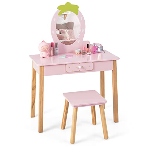 Costzon Kids Vanity Set with Mirror, Wooden Princess Makeup Dressing Table with Stool & Storage Drawer, Toddler Girl Vanity Table and Chair Set, Pretend Play Vanity Set for Little Girls, Pink