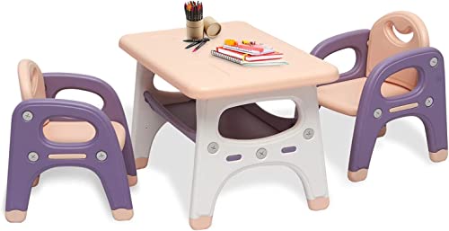 KINTNESS Kids Table and 2 Chair Set - Activity Table with Storage Shelf for Children, Toddler Table & Chair Set for Kindergarten (Pink + Purple)