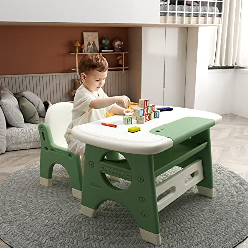 Benarita Kids Drawing Table and Chair Set with Watercolor Pen and Blackboard Eraser, Activity Table with Storage Shelf, Toddler Furniture Set for Drawing Reading Indoor, Gift for Boys Girls Green