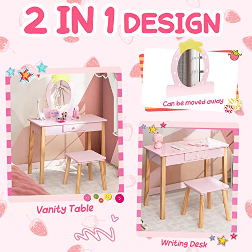 Costzon Kids Vanity Set with Mirror, Wooden Princess Makeup Dressing Table with Stool & Storage Drawer, Toddler Girl Vanity Table and Chair Set, Pretend Play Vanity Set for Little Girls, Pink