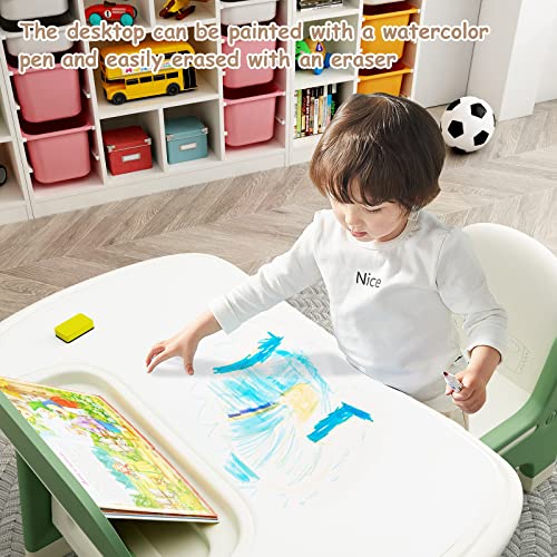 Benarita Kids Drawing Table and Chair Set with Watercolor Pen and Blackboard Eraser, Activity Table with Storage Shelf, Toddler Furniture Set for Drawing Reading Indoor, Gift for Boys Girls Green