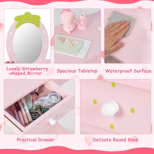 Costzon Kids Vanity Set with Mirror, Wooden Princess Makeup Dressing Table with Stool & Storage Drawer, Toddler Girl Vanity Table and Chair Set, Pretend Play Vanity Set for Little Girls, Pink