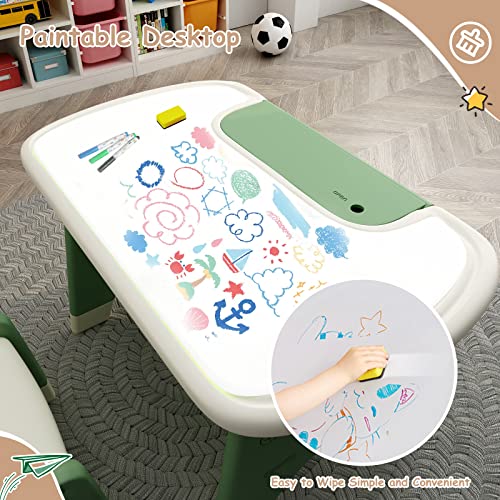 Benarita Kids Drawing Table and Chair Set with Watercolor Pen and Blackboard Eraser, Activity Table with Storage Shelf, Toddler Furniture Set for Drawing Reading Indoor, Gift for Boys Girls Green