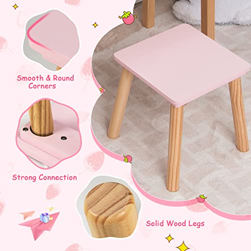 Costzon Kids Vanity Set with Mirror, Wooden Princess Makeup Dressing Table with Stool & Storage Drawer, Toddler Girl Vanity Table and Chair Set, Pretend Play Vanity Set for Little Girls, Pink