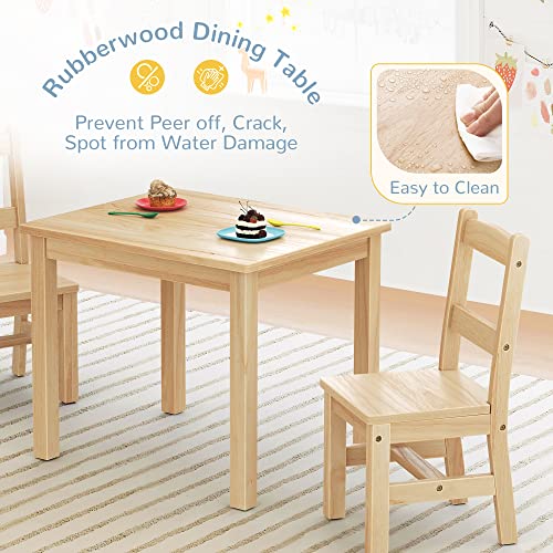 Curipeer Rubberwood Kids Table and Chair Set, Water Resistant Kids Table Set with 2 Chairs,Non-Slip Pad and Waterfall Edge Design,Easy to Clean,Child Gift for Boy,Girl in Playroom,Natural Wood Color