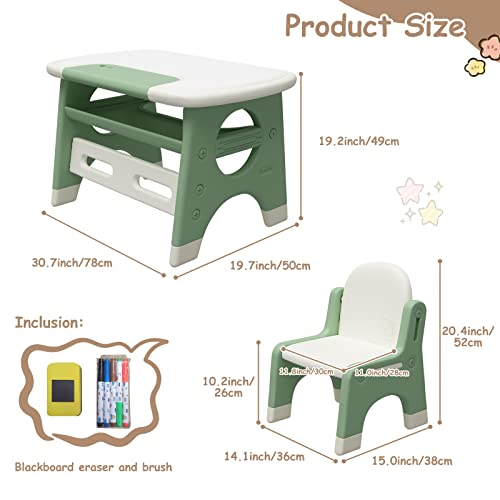 Benarita Kids Drawing Table and Chair Set with Watercolor Pen and Blackboard Eraser, Activity Table with Storage Shelf, Toddler Furniture Set for Drawing Reading Indoor, Gift for Boys Girls Green
