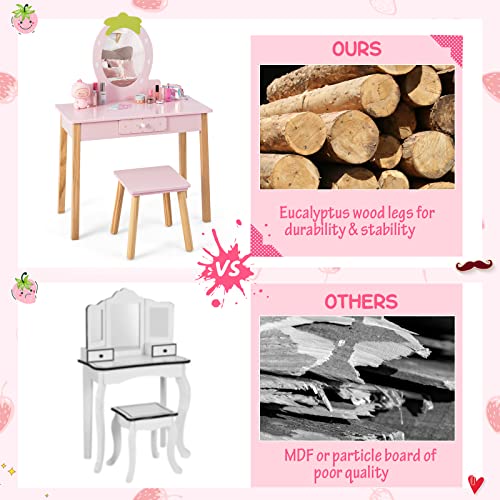 Costzon Kids Vanity Set with Mirror, Wooden Princess Makeup Dressing Table with Stool & Storage Drawer, Toddler Girl Vanity Table and Chair Set, Pretend Play Vanity Set for Little Girls, Pink