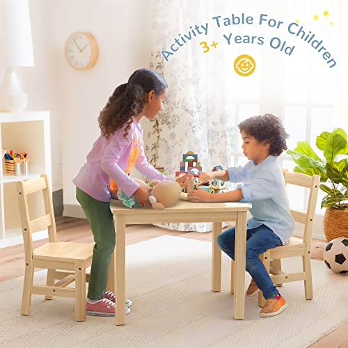 Curipeer Rubberwood Kids Table and Chair Set, Water Resistant Kids Table Set with 2 Chairs,Non-Slip Pad and Waterfall Edge Design,Easy to Clean,Child Gift for Boy,Girl in Playroom,Natural Wood Color