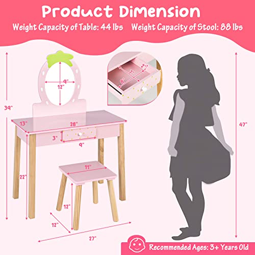 Costzon Kids Vanity Set with Mirror, Wooden Princess Makeup Dressing Table with Stool & Storage Drawer, Toddler Girl Vanity Table and Chair Set, Pretend Play Vanity Set for Little Girls, Pink