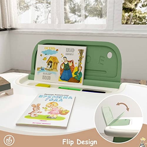 Benarita Kids Drawing Table and Chair Set with Watercolor Pen and Blackboard Eraser, Activity Table with Storage Shelf, Toddler Furniture Set for Drawing Reading Indoor, Gift for Boys Girls Green