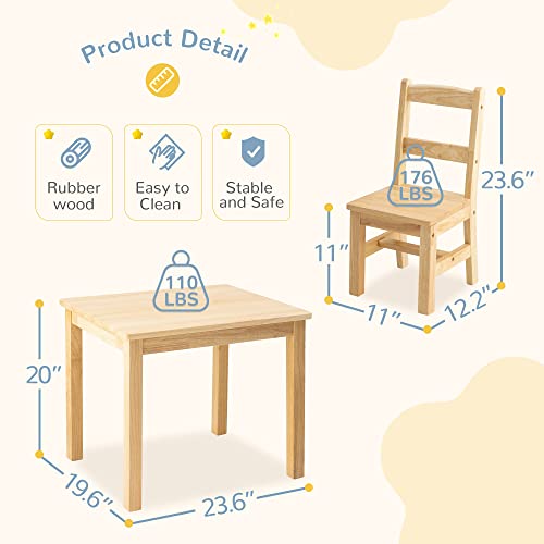 Curipeer Rubberwood Kids Table and Chair Set, Water Resistant Kids Table Set with 2 Chairs,Non-Slip Pad and Waterfall Edge Design,Easy to Clean,Child Gift for Boy,Girl in Playroom,Natural Wood Color