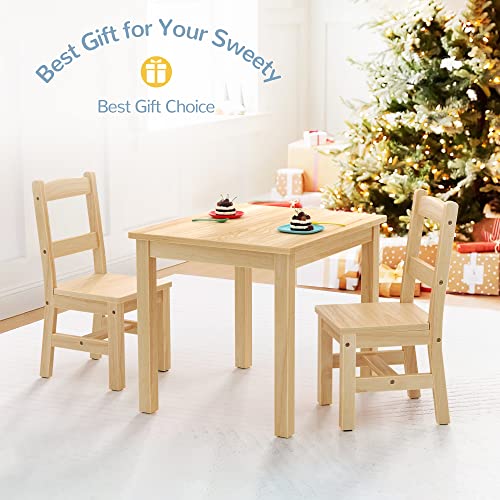 Curipeer Rubberwood Kids Table and Chair Set, Water Resistant Kids Table Set with 2 Chairs,Non-Slip Pad and Waterfall Edge Design,Easy to Clean,Child Gift for Boy,Girl in Playroom,Natural Wood Color