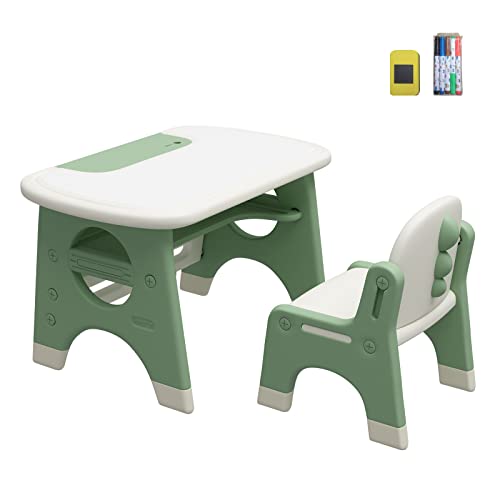 Benarita Kids Drawing Table and Chair Set with Watercolor Pen and Blackboard Eraser, Activity Table with Storage Shelf, Toddler Furniture Set for Drawing Reading Indoor, Gift for Boys Girls Green