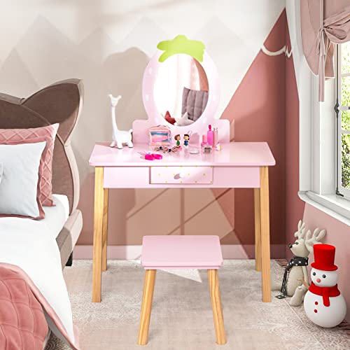 Costzon Kids Vanity Set with Mirror, Wooden Princess Makeup Dressing Table with Stool & Storage Drawer, Toddler Girl Vanity Table and Chair Set, Pretend Play Vanity Set for Little Girls, Pink