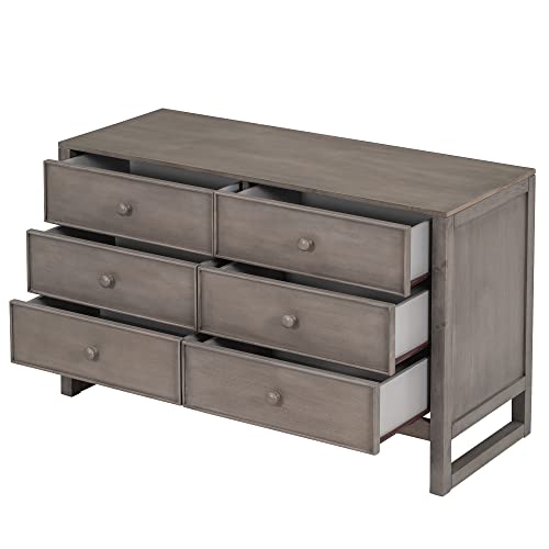 Merax Dresser Modern Farmhouse Wood 6 Bedroom, Wide Storage Cabinet for Closet, Clothes, Kids, Baby, TV Stand with Drawers, White, Antique Gray