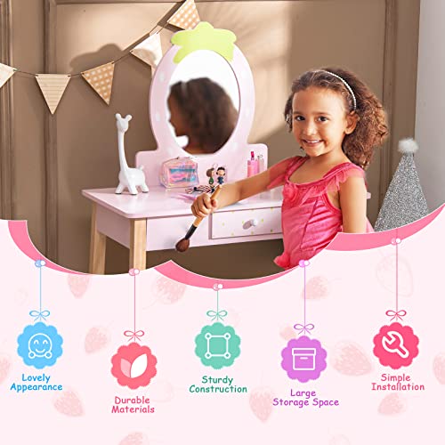 Costzon Kids Vanity Set with Mirror, Wooden Princess Makeup Dressing Table with Stool & Storage Drawer, Toddler Girl Vanity Table and Chair Set, Pretend Play Vanity Set for Little Girls, Pink