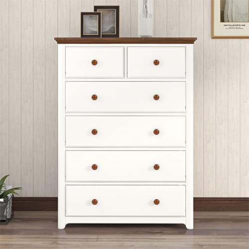 Merax, White Modern Farmhouse Wood 6 Dresser for Bedroom, Tall Storage Cabinet for Closet, Clothes, Kids, Baby, TV Stand with Drawers, Walnut, Chest