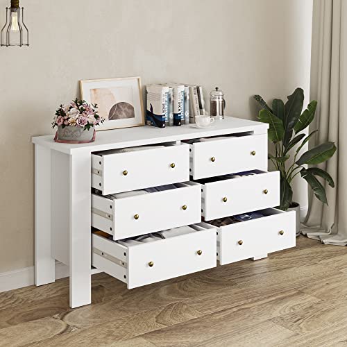 Senfot Drawer Chest Dresser Organizers Storage Wood Nightstand with 6 Drawers Furniture for Kids, Bedroom and Living Room in White